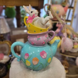 Easter Bunny on Top of Easter Tea Cups & Blue Tea Pot
