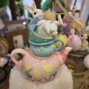 Easter Bunny on Top of Easter Tea Cups & Pink Tea Pot