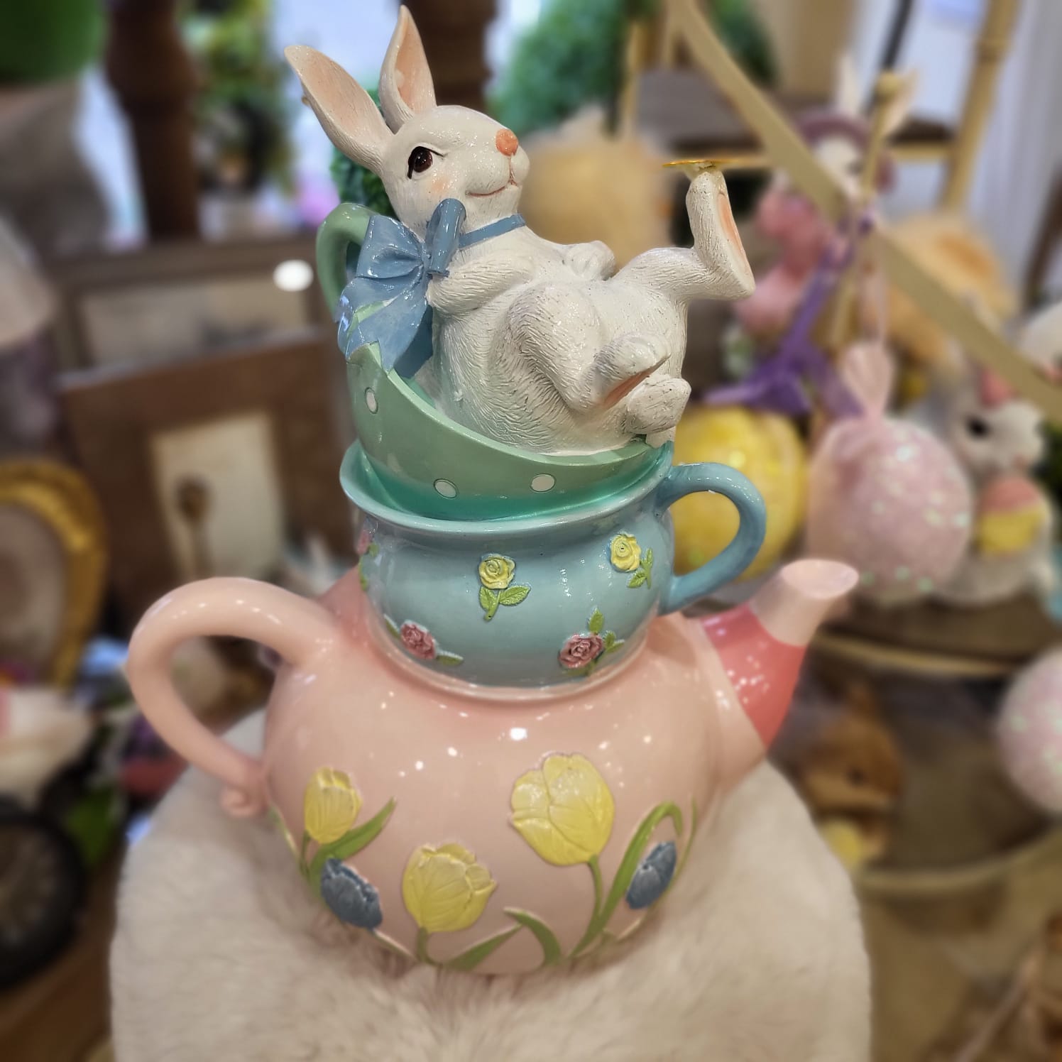 Easter Bunny on Top of Easter Tea Cups & Pink Tea Pot