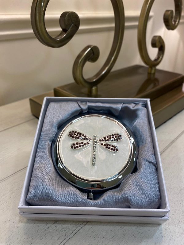 Sophia Silver Plated Compact Mirror - Pink Crystal Dragonfly