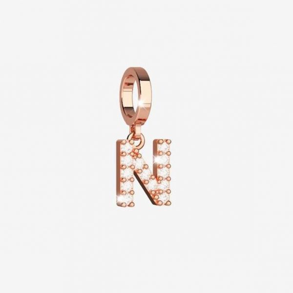 Rebecca Charm Initial Letter N Rose Gold With White Crystals 20 mm