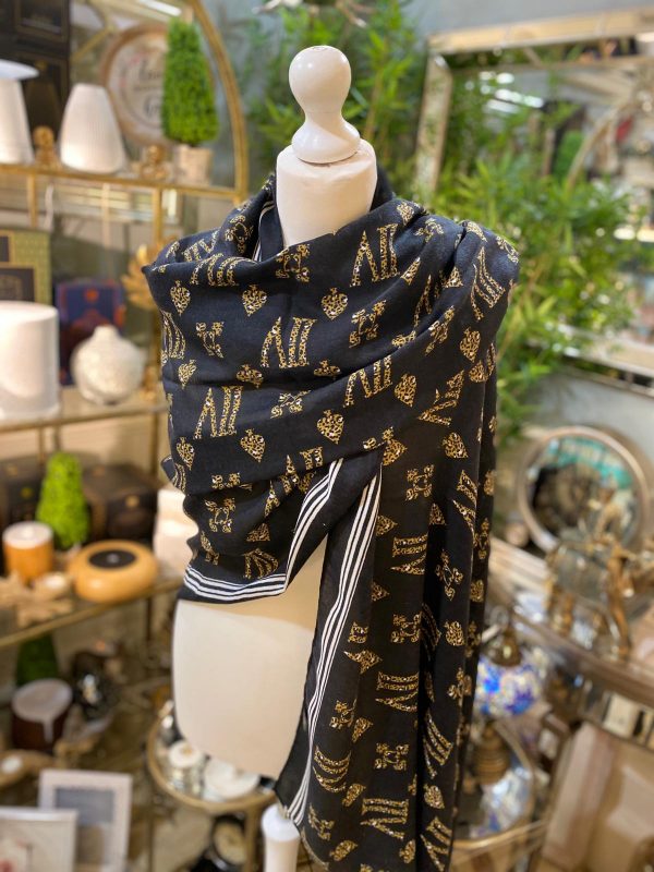 Black & Gold Numeral Cotton Touch Print Scarf