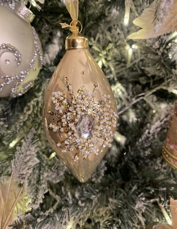 Glass Bauble with Beads & Crystal 12cm Champagne