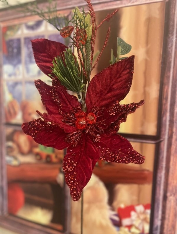 Red Jewelled Poinsettia Spray 60 CM Tall Stem