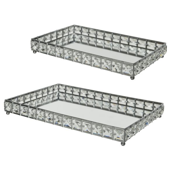 Set of 2 Glass Trays Electro Plated Silver