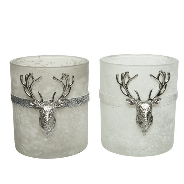 Tealight Holder with Deer Ornament & White Ribbon 10cm - Image 2