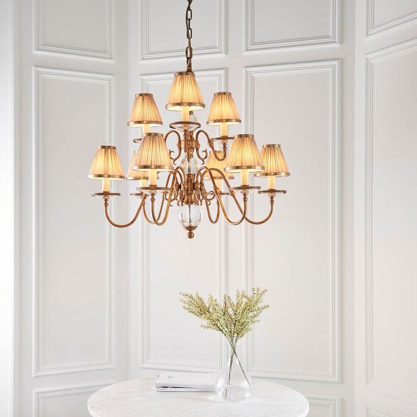 Antique Brass 9lt Pendant & Beige Shades - Image 3