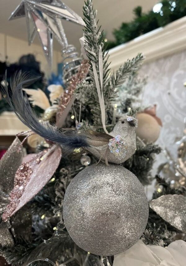 17cm Feather Bird on Ball Hanging Silver Decoration