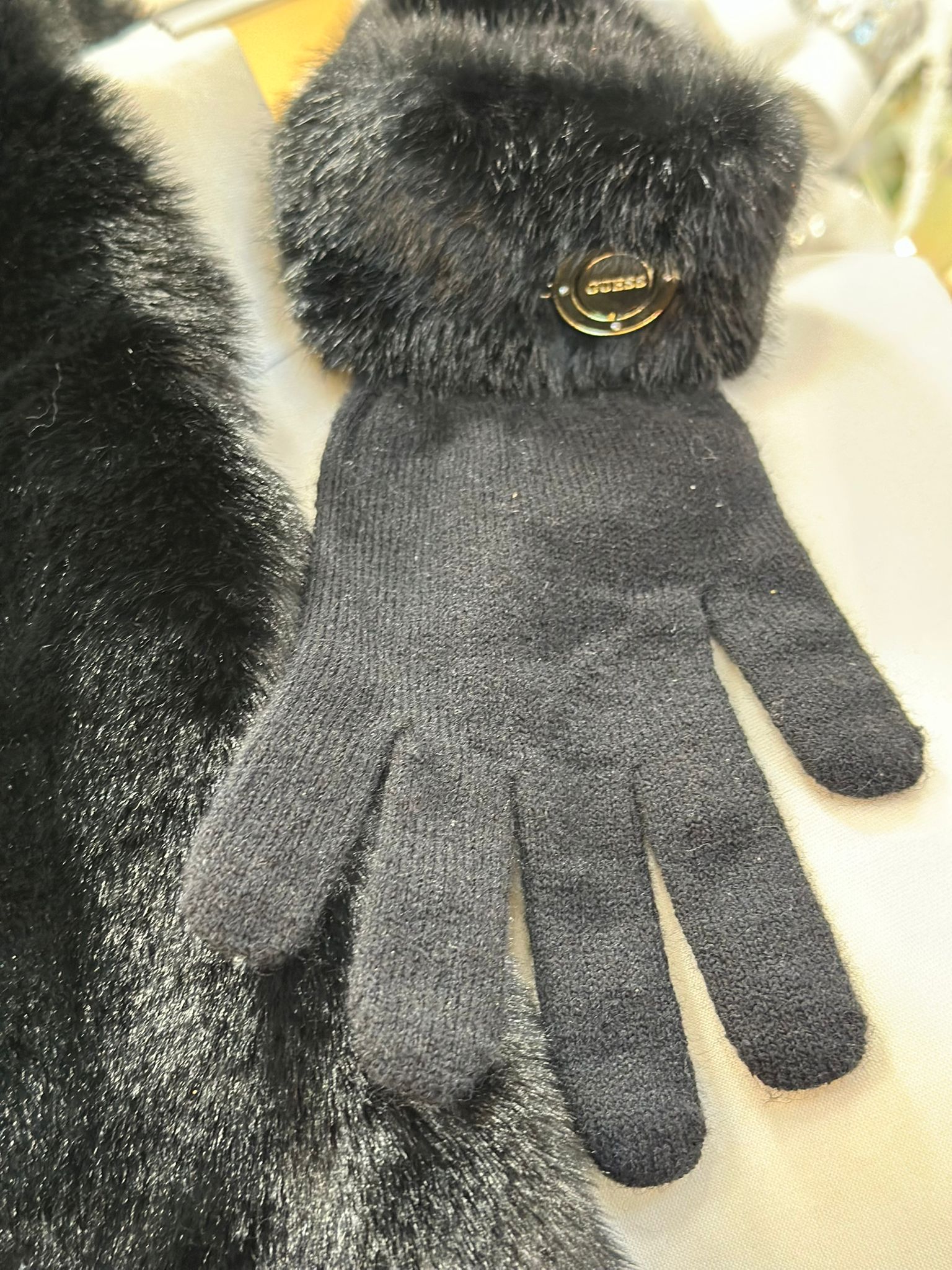 Guess Faux Fur Gloves Black
