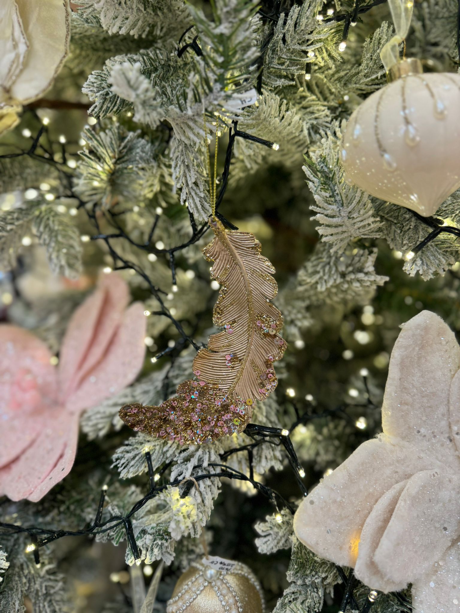 Sequin Feather Ornament 18.5cm Gold/Light Pink