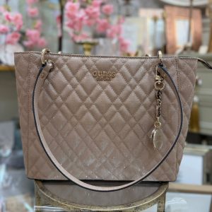 GUESS Isemay Logo Patent Shopper Pale Mocha