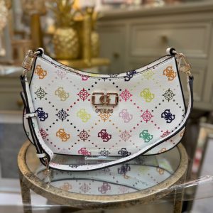 GUESS Emelie Logo Shoulder Bag White/ Multicolour Logo Pattern