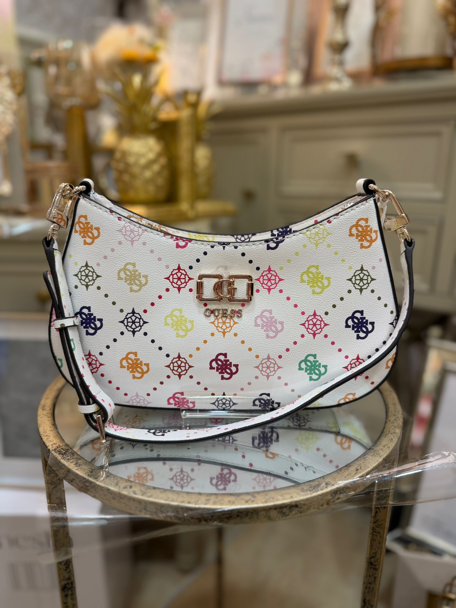 GUESS Emelie Logo Shoulder Bag White/ Multicolour Logo Pattern