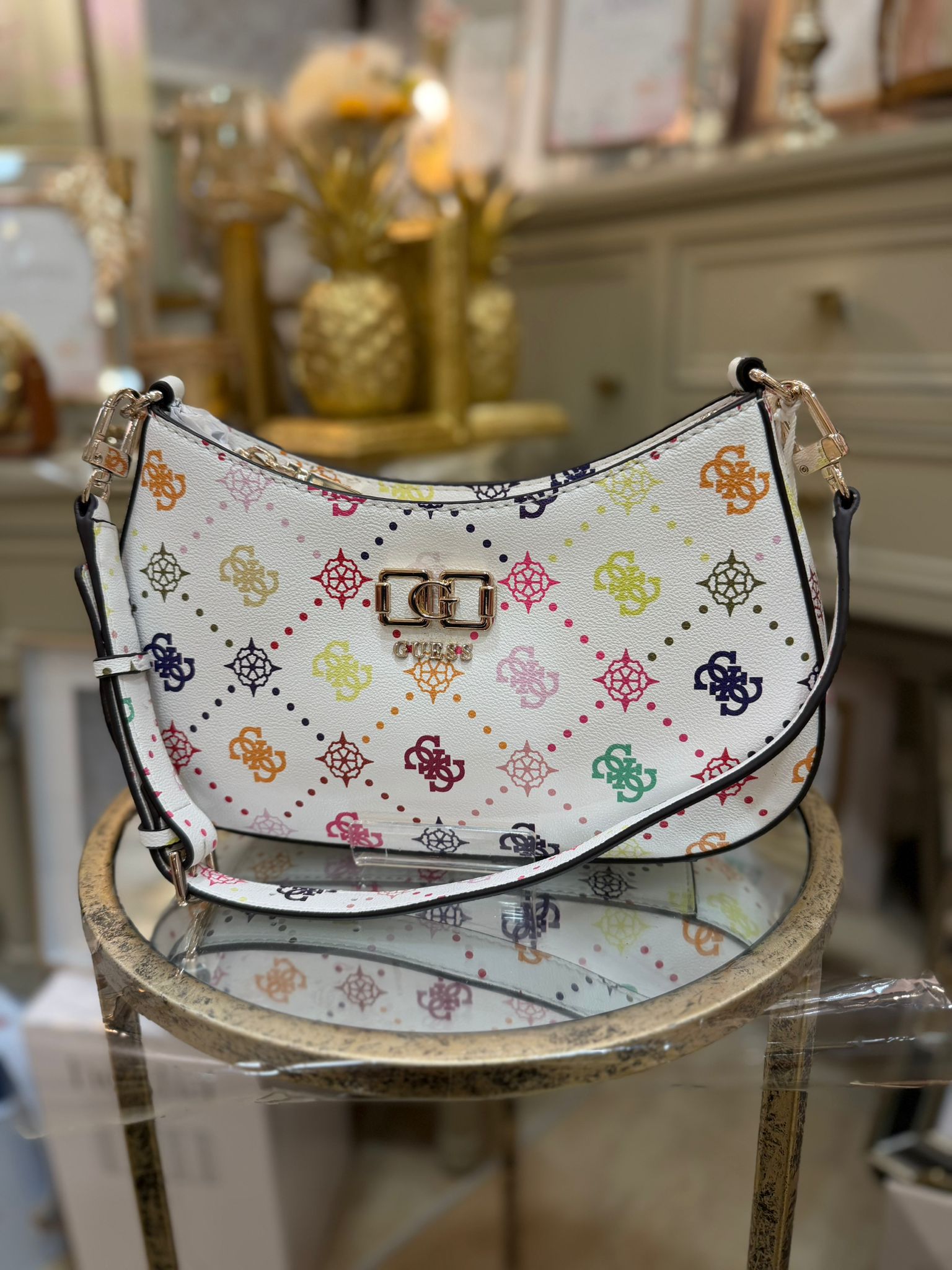 GUESS Emelie Logo Shoulder Bag White/ Multicolour Logo Pattern - Image 2