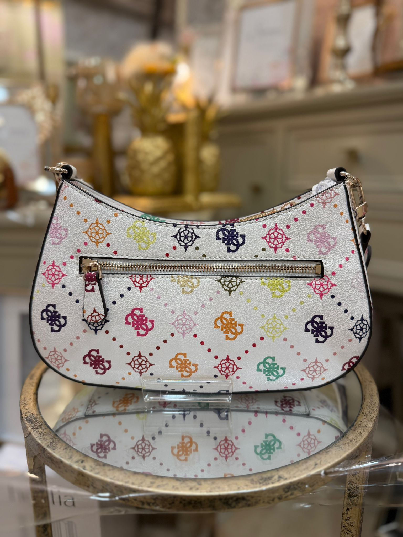 GUESS Emelie Logo Shoulder Bag White/ Multicolour Logo Pattern - Image 4