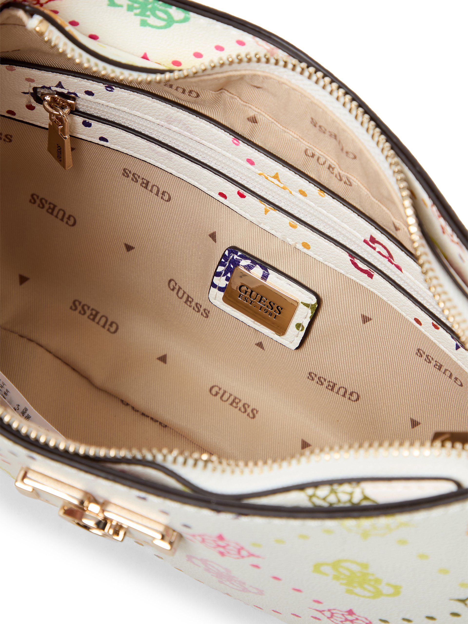 GUESS Emelie Logo Shoulder Bag White/ Multicolour Logo Pattern - Image 3