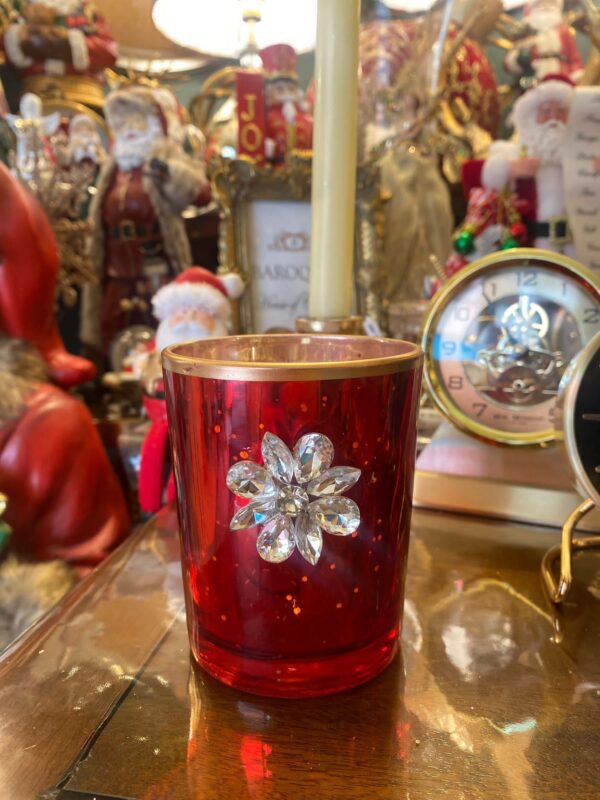 Glass 3D Jewel Flower Cylindrical Votive 9.5cm Red