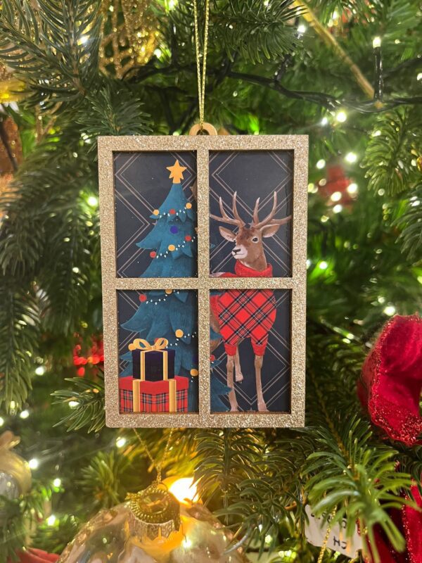 Wooden Glitter Xmas Window Scene with Deer & Tree 11cm