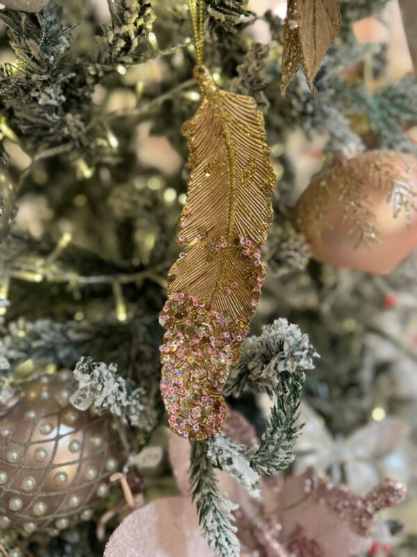 Sequin Feather Ornament 18.5cm Gold/Light Pink