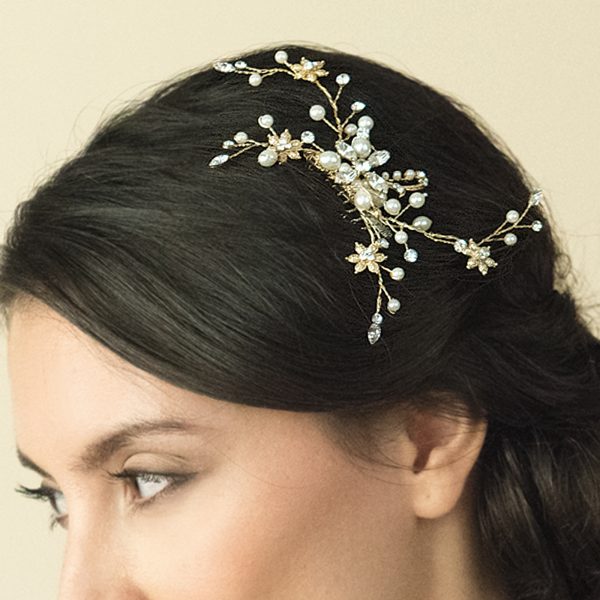 Gold Fresh Water Pearl & Swarovski Crystal Hair Comb - Image 4