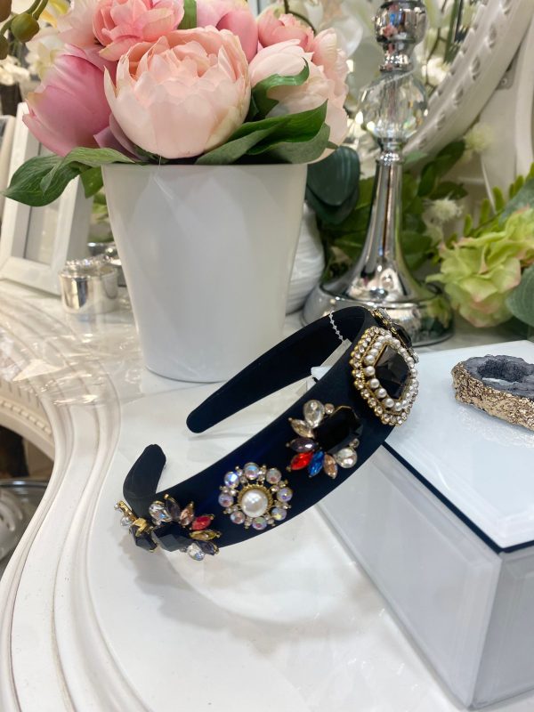 Elegant Black Headband With Crystal Flowers Multicolour