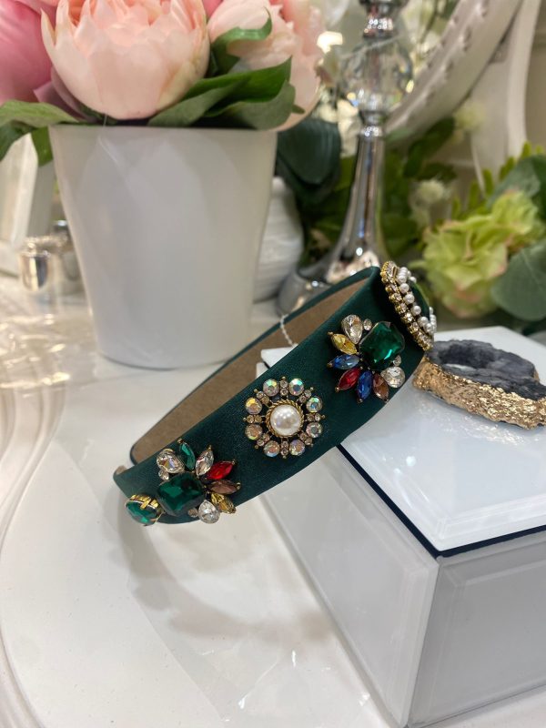 Elegant Green Headband With Crystal Flowers Multicolour