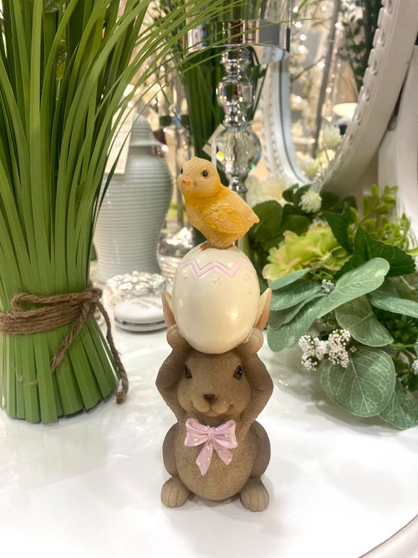 Cute Bunny With Pink Bow & Egg Stack 17cm Brown/Pink