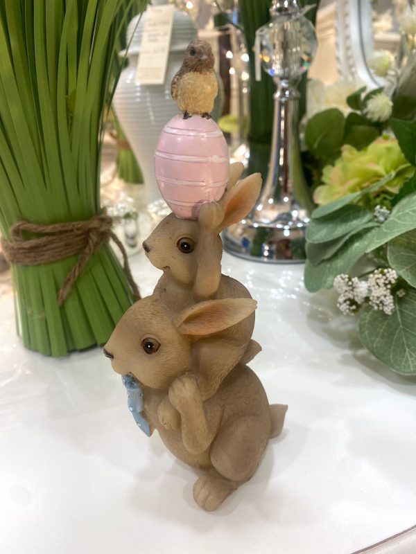 Cute Bunny With Blue Bow & Egg Stack 17cm Brown/Blue