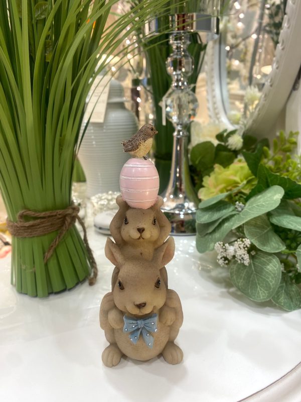 Cute Bunny With Blue Bow & Egg Stack 17cm Brown/Blue - Image 2