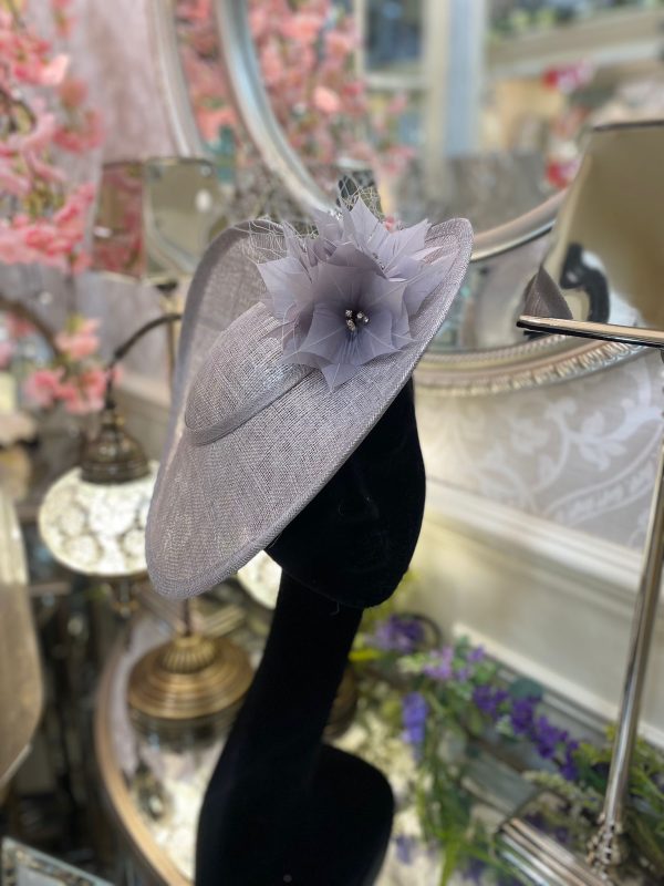 Lavender Grey Metallic Disc Fascinator With Flower Detail - Image 2