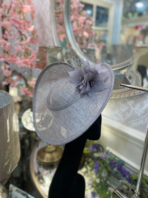 Lavender Grey Metallic Disc Fascinator With Flower Detail