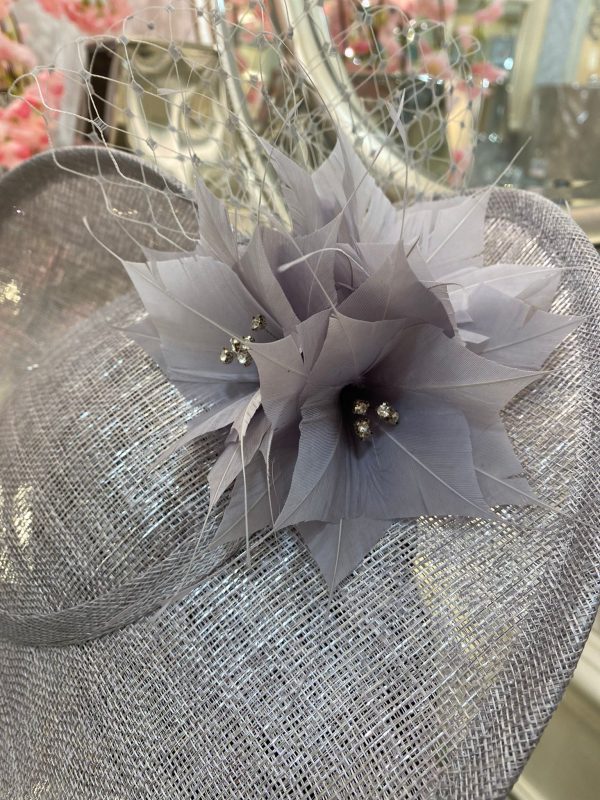 Lavender Grey Metallic Disc Fascinator With Flower Detail - Image 3