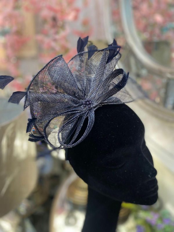 Navy Metallic Sinamay Fascinator With Feathers