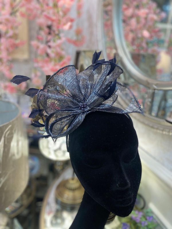 Navy Metallic Sinamay Fascinator With Feathers - Image 3
