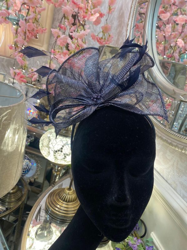 Navy Metallic Sinamay Fascinator With Feathers - Image 2