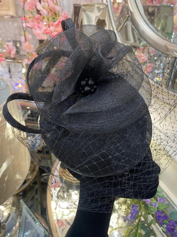 Black Fascinator With Veil & Pearl Detail
