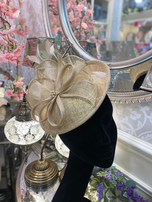 Champagne Small Disc Metallic Fascinator With Ribbon & Pearl Detail - Image 2