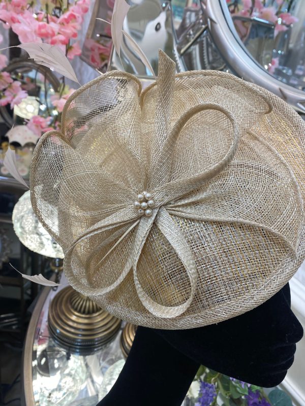 Champagne Small Disc Metallic Fascinator With Ribbon & Pearl Detail - Image 3