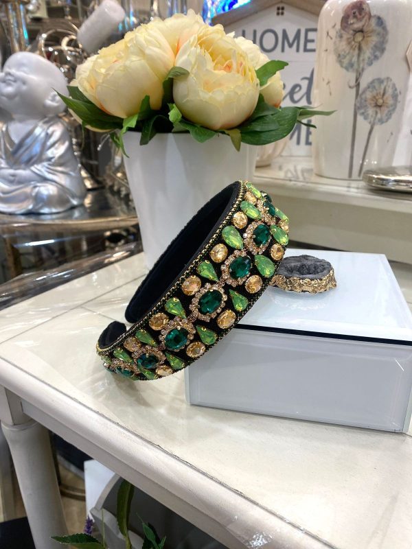 Black Headband with Green & Gold Crystal Details