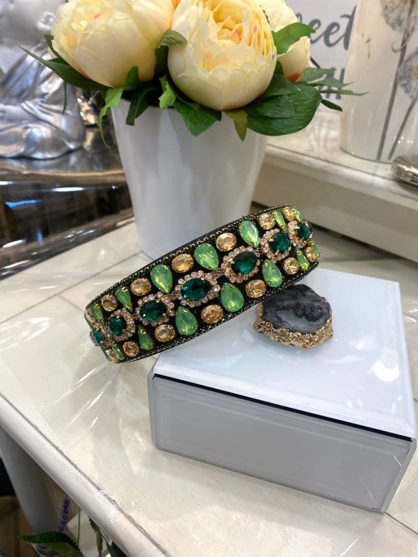 Black Headband with Green & Gold Crystal Details - Image 2