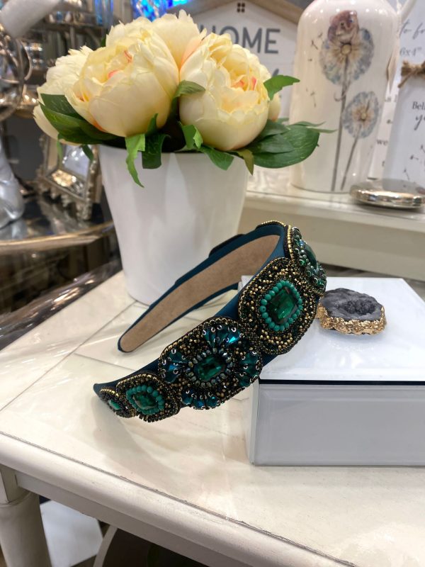 Dark Green Headband with Gold & Green Embellishments