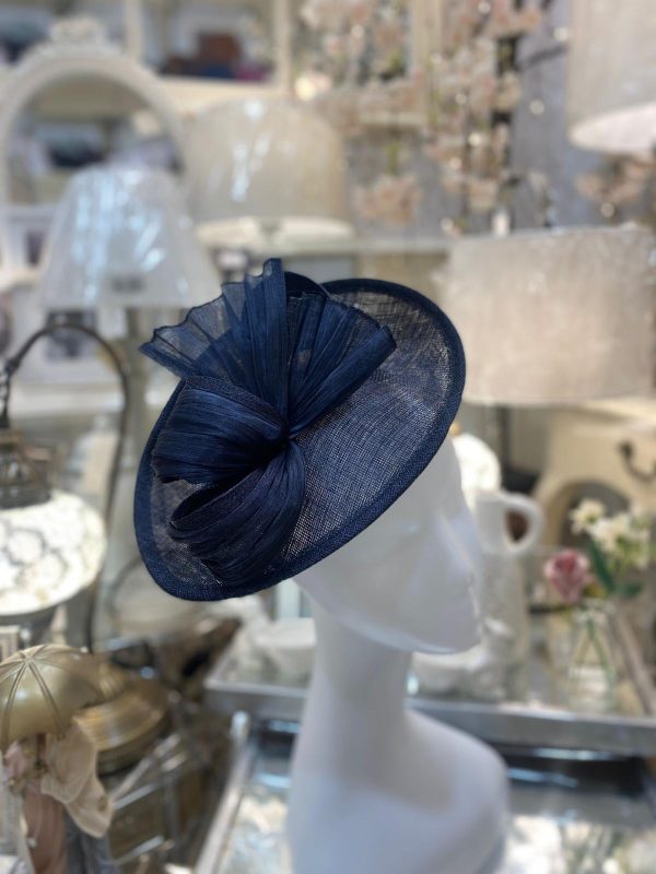 Navy Round Fascinator With Pleated Ribbon Detail