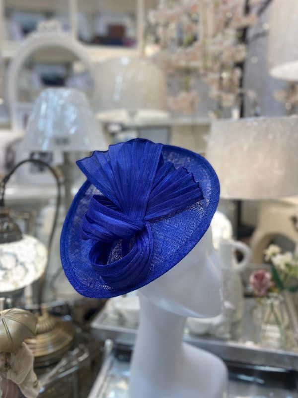 Sapphire Blue Round Fascinator With Pleated Ribbon Detail