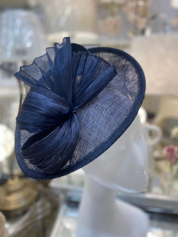 Navy Round Fascinator With Pleated Ribbon Detail - Image 2