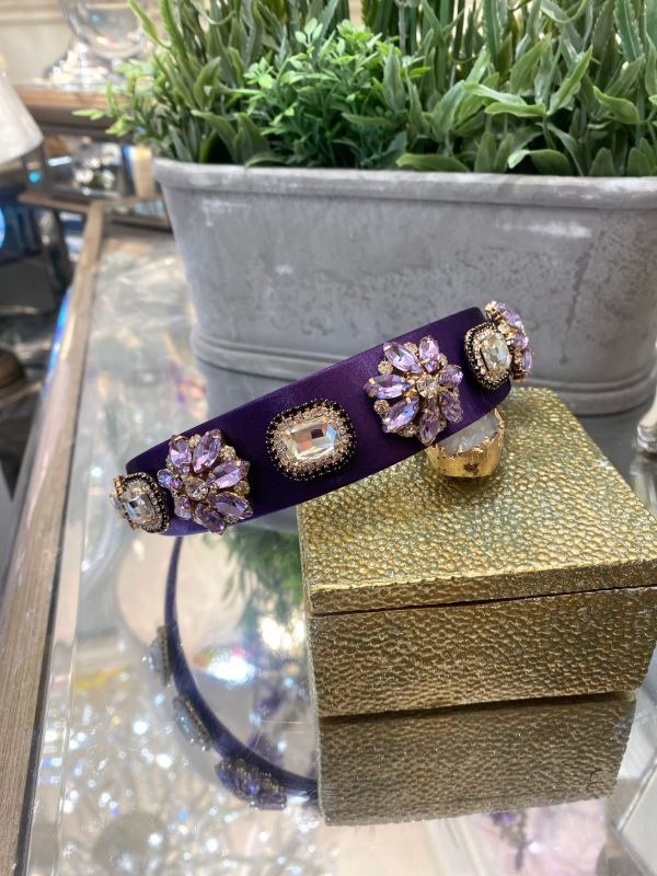 Purple Headband with Purple Crystal Flowers and Clear Gems