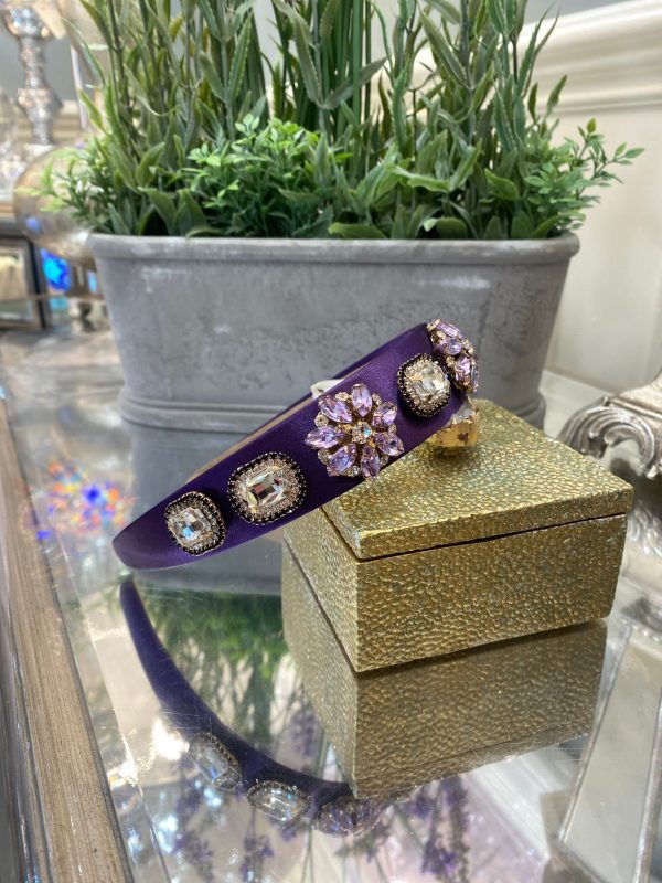 Purple Headband with Purple Crystal Flowers and Clear Gems - Image 2