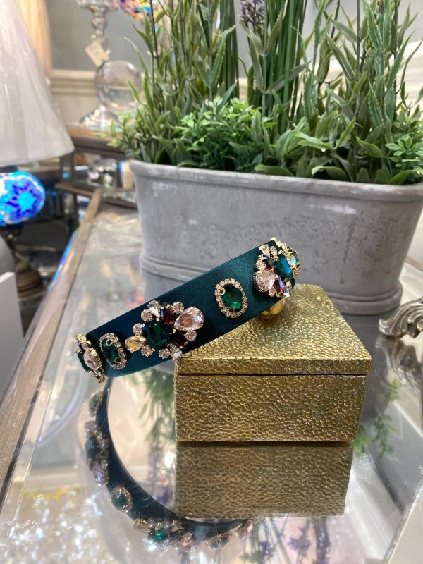Dark Green Headband with Embellished Emerald Crystals
