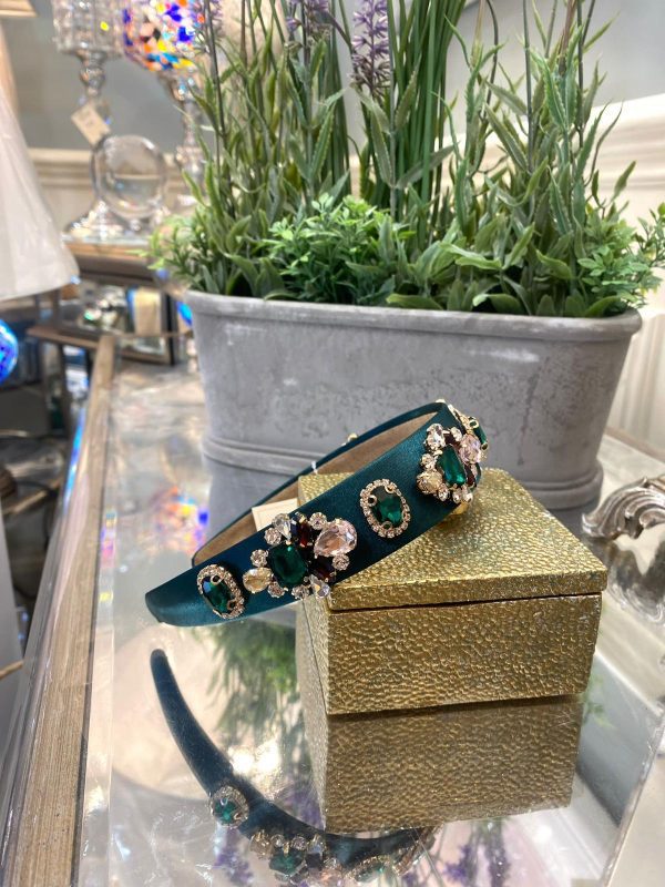 Dark Green Headband with Embellished Emerald Crystals - Image 2