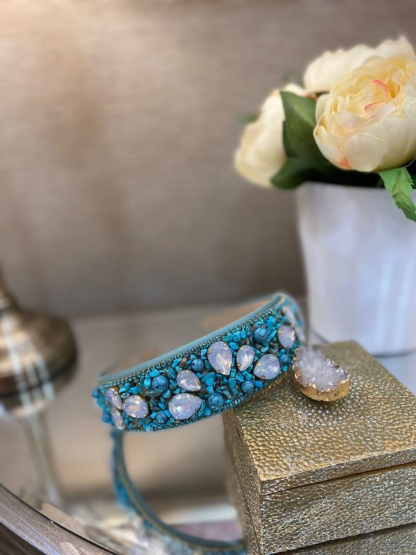 Azure Headband with White Crystals and Cerulean Stones