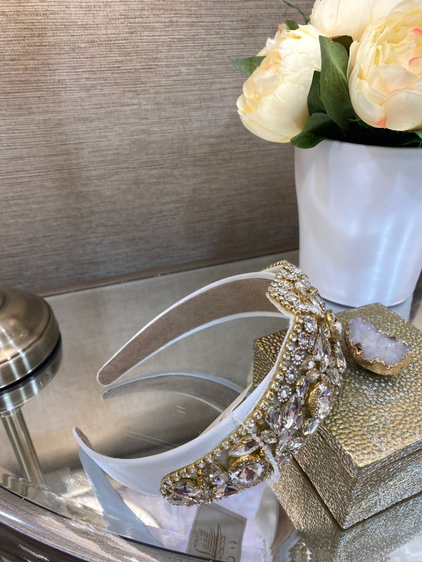 White Headband with White Crystals and Golden Outline - Image 2